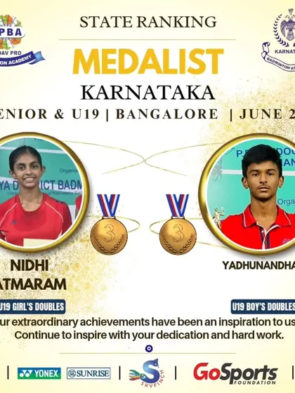 Medalists Nidhi Atmaram and Yadhunandhan at the Karnataka State Ranking tournament for Senior & U19.