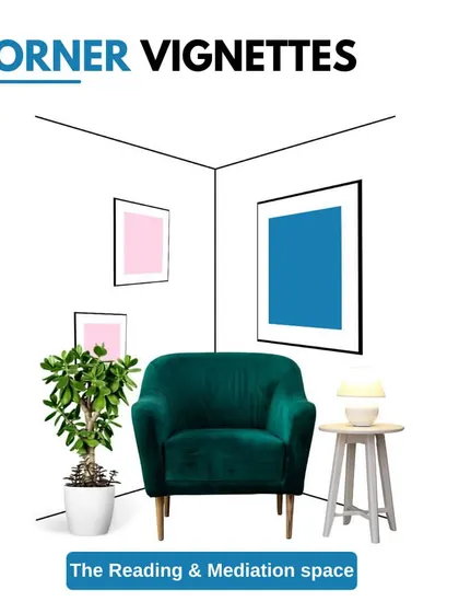 This illustrates how to create a reading and meditation space in a corner. A comfortable armchair, a small side table with a lamp, and a plant are all you need to design a peaceful retreat.
