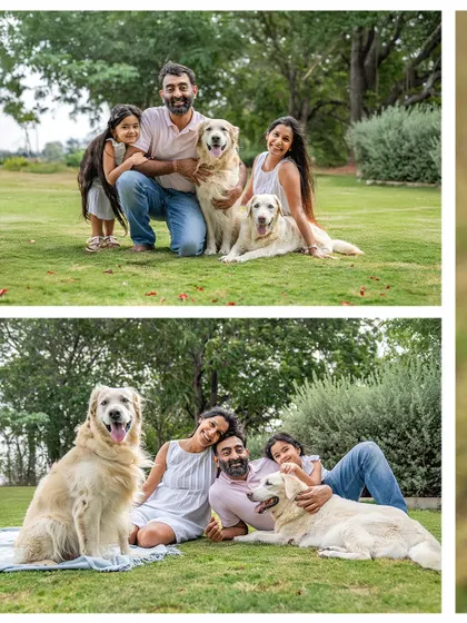A collage from a tribute session for a senior dog, showing the whole family, including two young girls, enjoying their time together in the park.