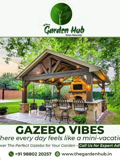 Get those gazebo vibes, where every day feels like a mini-vacation. This design features a rustic wooden gazebo with a built-in bar and fireplace, perfect for hosting.