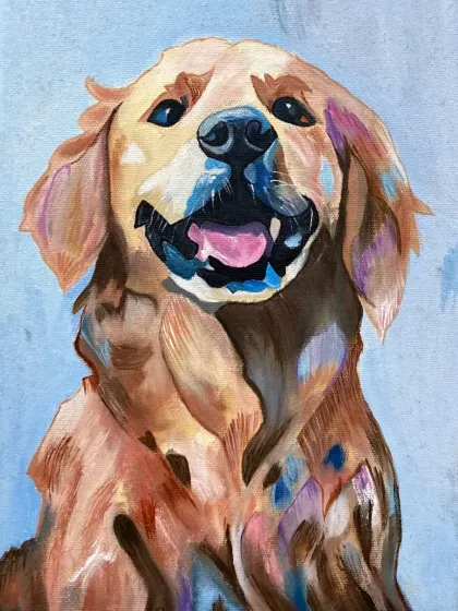A colorful and expressive oil painting of a golden retriever, created by a student in our short-term course.