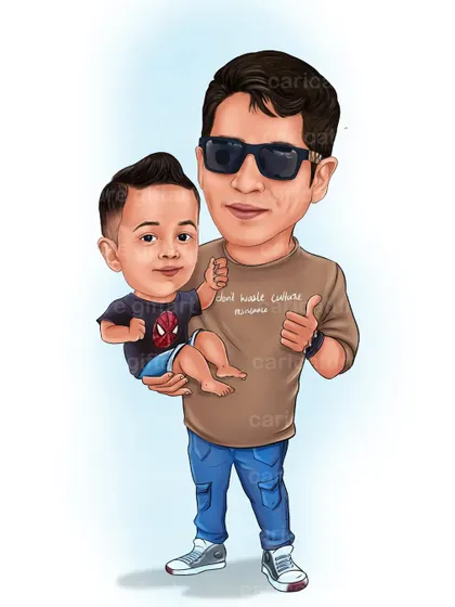A son's first superhero is his father. This fun caricature captures the special bond between a father and son, with the little one wearing a Spiderman t-shirt.