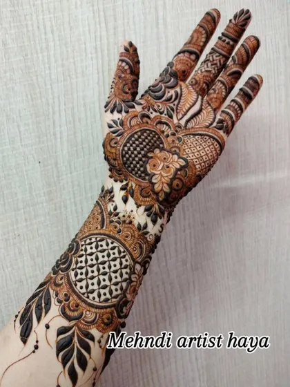 A full view of this unique bridal design, showcasing a perfect balance of modern geometric patterns and classic floral art.