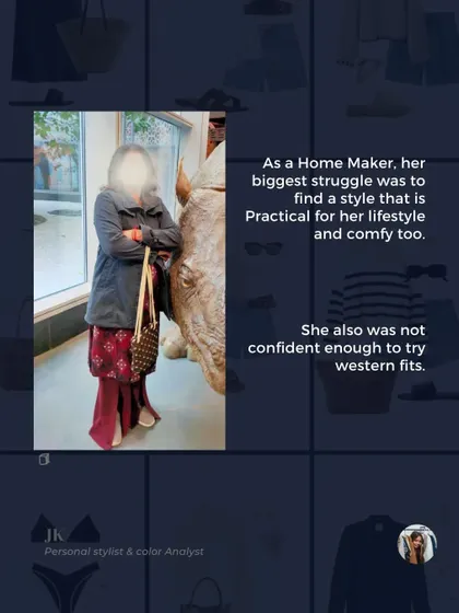 The initial consultation is key to understanding a client's struggles. For this homemaker, it was about finding a practical and comfy style she could feel good in.