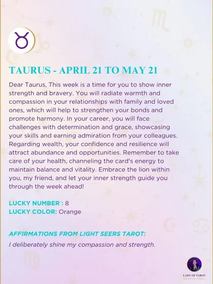 This week's tarot guidance for Taurus. This is a time for you to show inner strength and bravery. You will radiate warmth and compassion in your relationships.