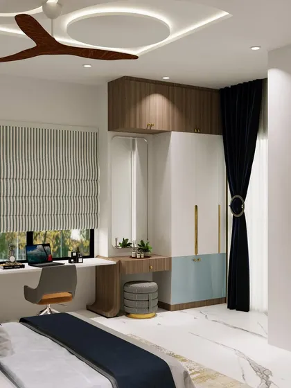The study and dressing table are combined into one sleek unit, making the most of the space by the window.