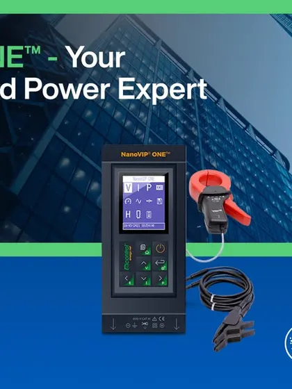 With a modern building in the background, this visual connects our NanoVIP ONE portable analyzer to its application in commercial building management. It's the ideal tool for ensuring energy efficiency and power reliability in large facilities.