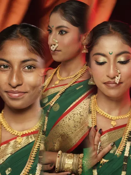 This collage shows the complete transformation for a Maharashtrian bride, from bare skin to the final look. It's a perfect example of what students can achieve in our 7-day intensive bridal course.
