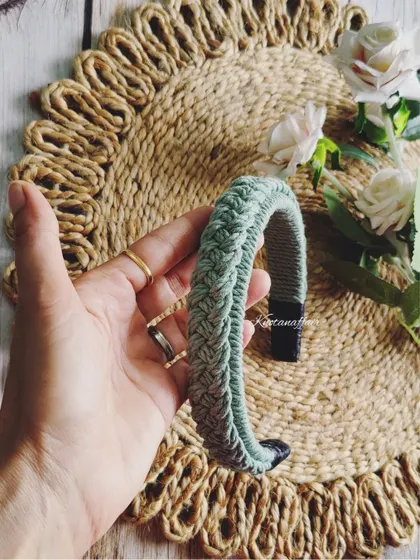 This braided macrame hairband in a soft sage green is another beautiful option. All my hairbands are handmade and can be customized.