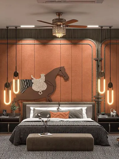 A bedroom design for a client with a passion for horses. The custom equestrian art piece above the bed, combined with warm terracotta tones and modern industrial-style lighting, creates a space that is deeply personal and full of character.