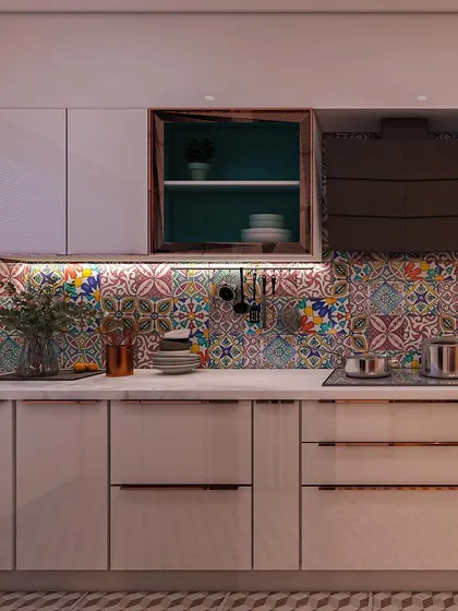 A kitchen design render featuring colorful, patterned backsplash tiles that add a vibrant, artistic touch. The sleek white cabinets and handleless design keep the look modern and clean.