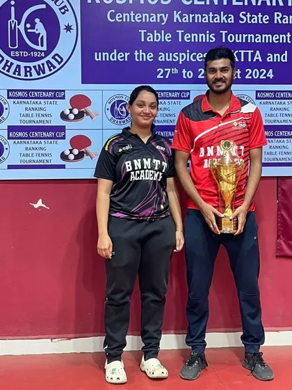 Our players celebrating Shreyal Telang's men's singles championship win at the state ranking tournament in Dharwad.