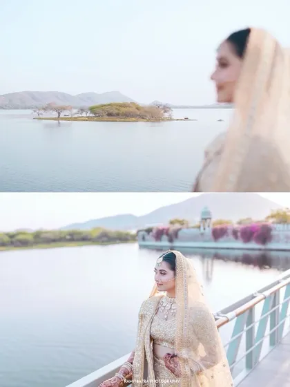 A collage of a bride in her golden lehenga, posing by the serene Udaisagar Lake at Raffles Udaipur.