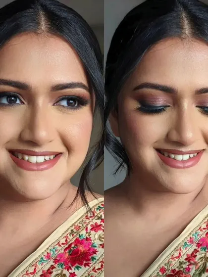 A beautiful smile completes this soft glam look. The makeup features a subtle smoky eye and a neutral pink lip, perfect for any special occasion.
