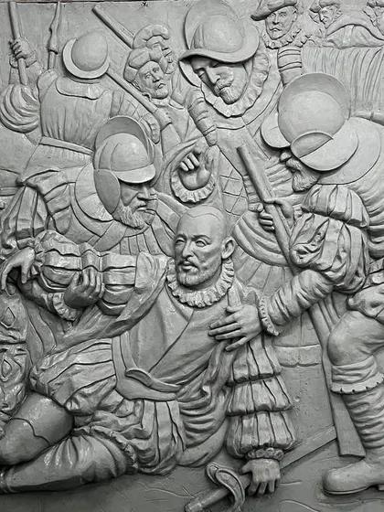 A close-up of the central figures in the clay model. This stage is all about capturing the emotion and drama of the historical event before casting.