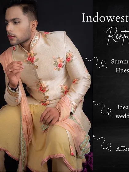 This graphic highlights a beautiful pastel floral Indo-western outfit, perfect for summer weddings with its light hues and breathable fabric.