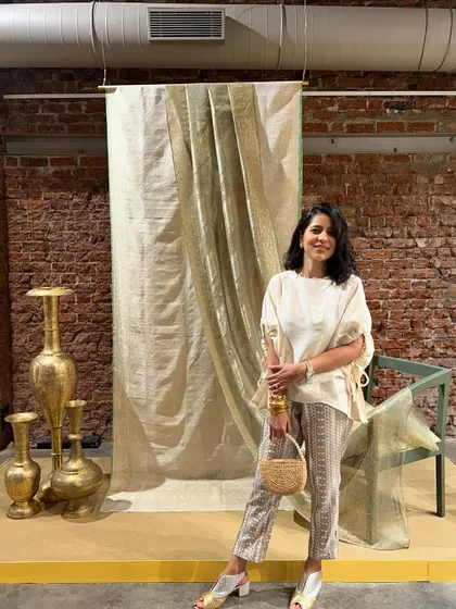My outfit for the Warp 'n' Weft exhibition. I paired these beautiful Benarasi pants with a simple white top to let the intricate weave be the star of the show.