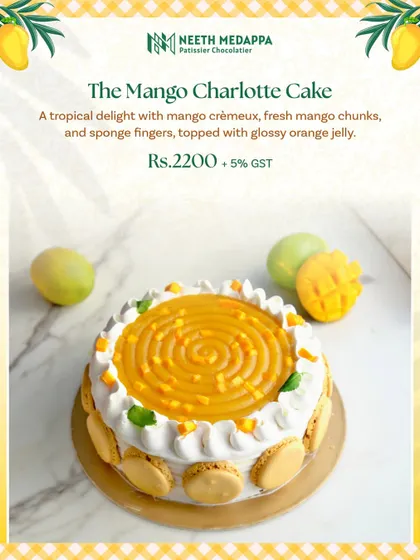 The Mango Charlotte Cake is an elegant dessert featuring mango crèmeux, fresh mango chunks, and sponge fingers, all topped with a glossy orange jelly. It's available as a full cake from my Mango Menu.