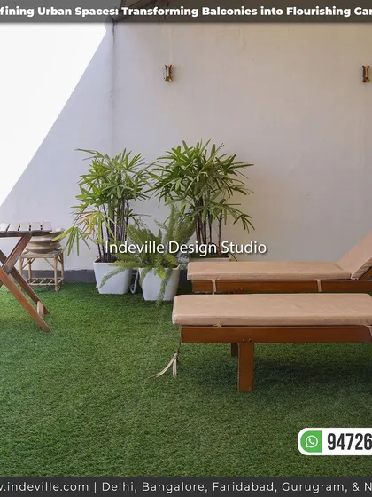 A relaxing scene with two wooden sun loungers on an artificial grass balcony. This setup turns the balcony into a private spot for sunbathing or unwinding.