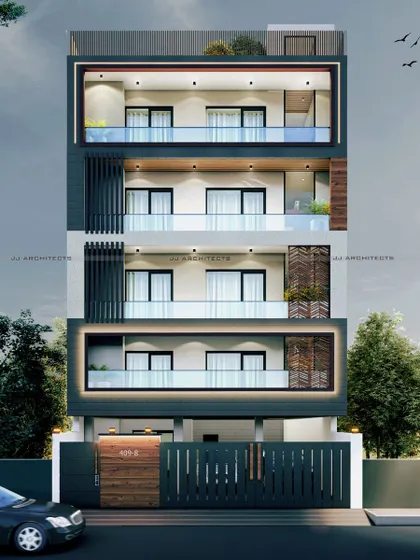 A 3D render for a builder floor, showcasing a facade with illuminated box frames around the balconies and decorative vertical louvers.