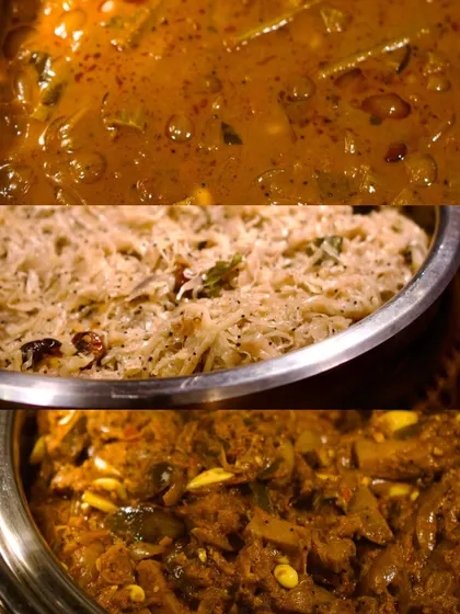 A collage of hearty curries and rice dishes from the Chettinad menu, showcasing the rich and complex flavors of the region.