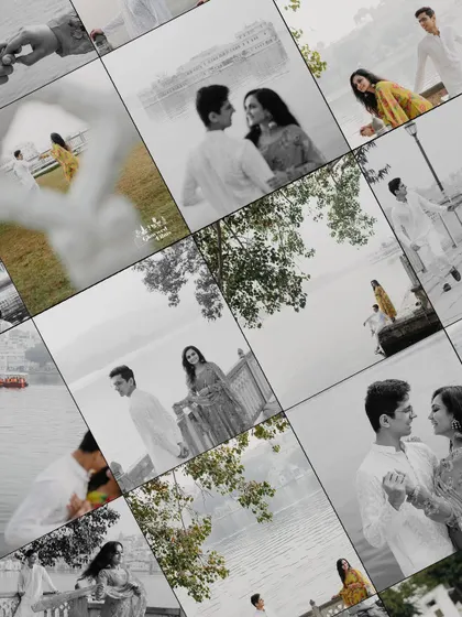 A beautiful collage capturing the essence of a lakeside romance in Udaipur. The mix of color and black and white images, seen through a creative frame, tells a story of gentle dances, quiet walks, and shared moments.