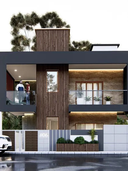 An identical frontal view of the modern home design, emphasizing the balanced composition and material palette.