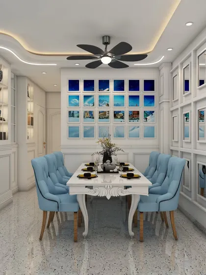 The dining area features a beautiful gallery wall of sky-themed pictures and another wall of mirrors, design choices that were finalized using our 3D preview process.