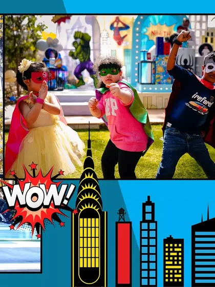 The little heroes are the stars of the show! This collage captures kids dressed in capes and masks, enjoying the superhero-themed party.
