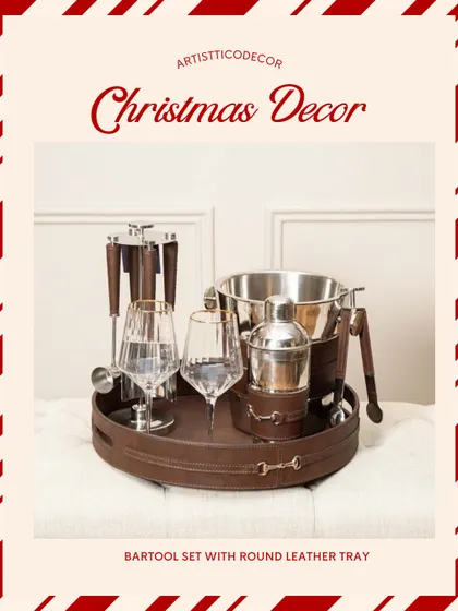 This bar tool set, complete with a round leather tray, is a fantastic Christmas decor piece and a functional asset for your holiday parties.