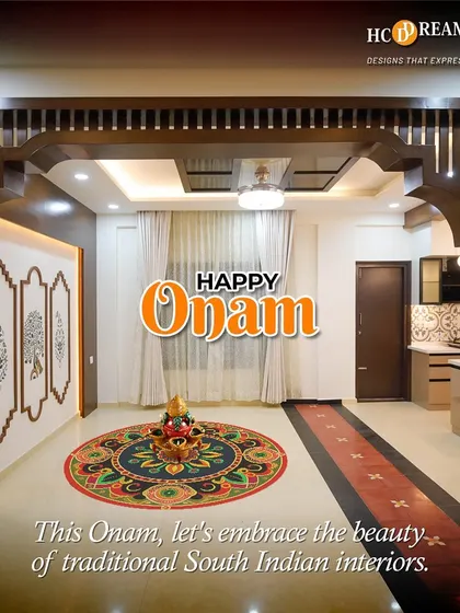 Happy Onam! This image celebrates the beauty of traditional South Indian interiors, with a beautiful pookalam at the center of a warm and inviting home.