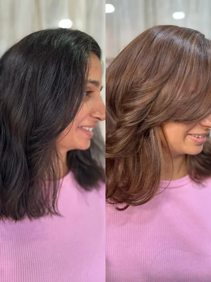 A before-and-after comparison of a client who trusted us with her hair. We took her from dark hair to a beautiful, lighter brown with soft layers.