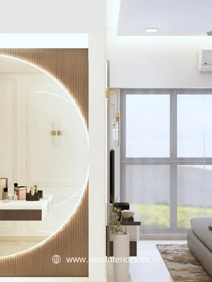This 3D concept includes a stylish dressing table with a large, backlit arched mirror. It's designed to be a glamorous and functional part of the bedroom.
