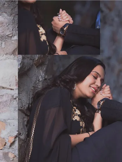 A close-up collage focusing on their hands and her joyful expression. These small details add another layer to their pre-wedding love story.
