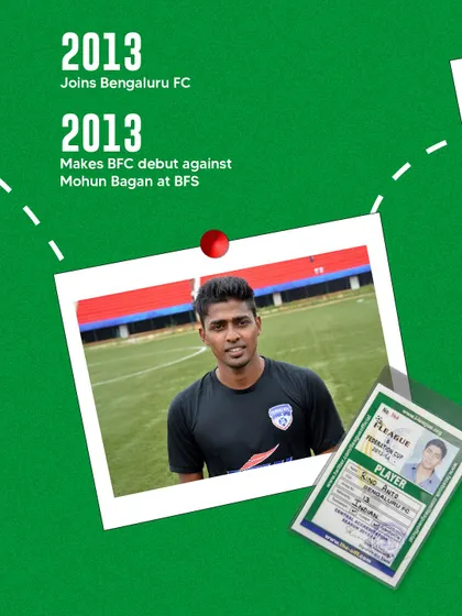 A timeline graphic showing Rino Anto's debut for BFC in 2013. His journey from player to U19 Assistant Coach embodies our club's philosophy.