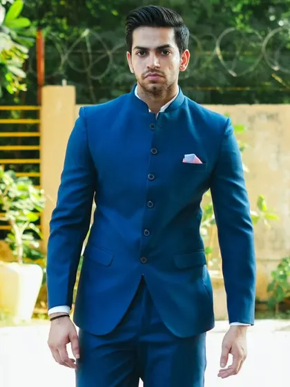 Another angle of our classic royal blue Jodhpuri suit, a customer favorite for its bold color and perfect tailoring.