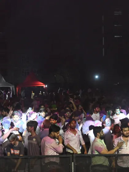 A shot of the energetic young crowd at the Rangrez Holi festival. The joy and excitement of the audience are what fuel my performance.