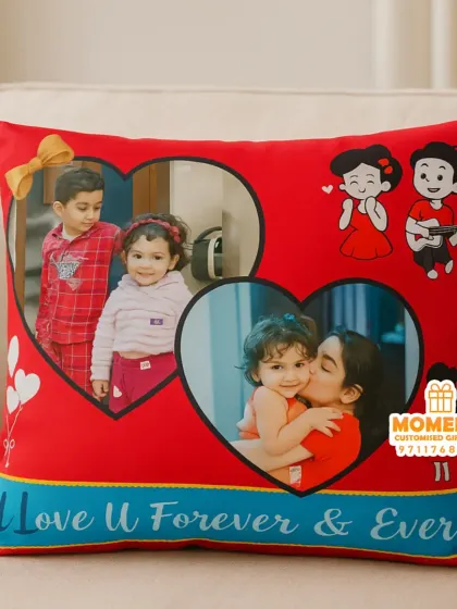 A bright red cushion perfect for expressing your love. It holds two heart-shaped photos and the message 'I Love U Forever & Ever.'