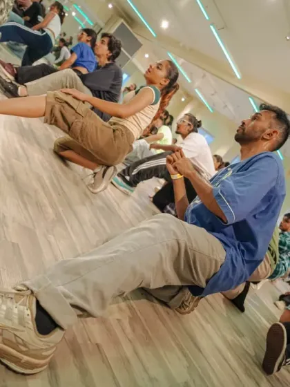 Students fully immersed in the movement during Collab Series 2.0. This is where dancers connect with the music and each other, completely in the zone.