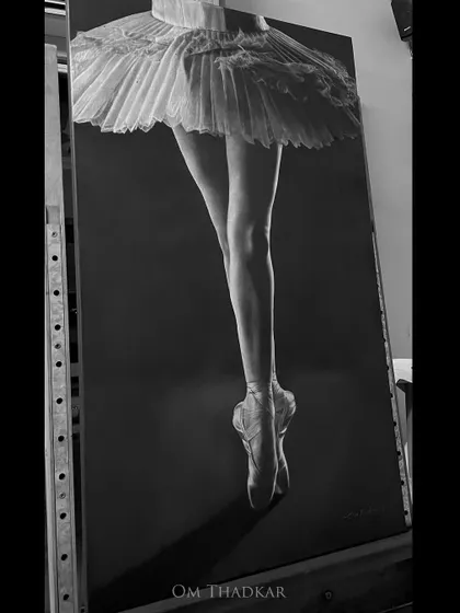 A charcoal drawing on a 2 by 3 foot linen canvas, capturing the elegant legs and tutu of a ballet dancer en pointe. The dark background emphasizes the form and discipline of the art.