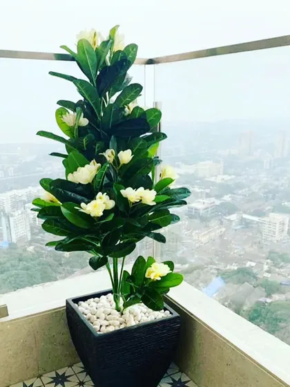 A beautiful artificial flowering tree in a pot on a high-rise balcony. This lets you enjoy the look of blooming flowers with a city view, no gardening required.