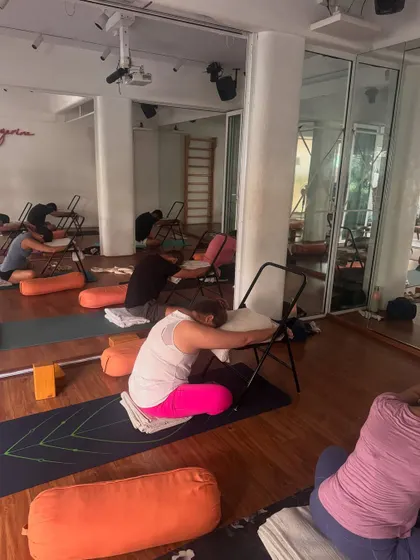 A closer view of the supported forward fold using chairs. This restorative posture helps to release tension in the back and calm the nervous system.