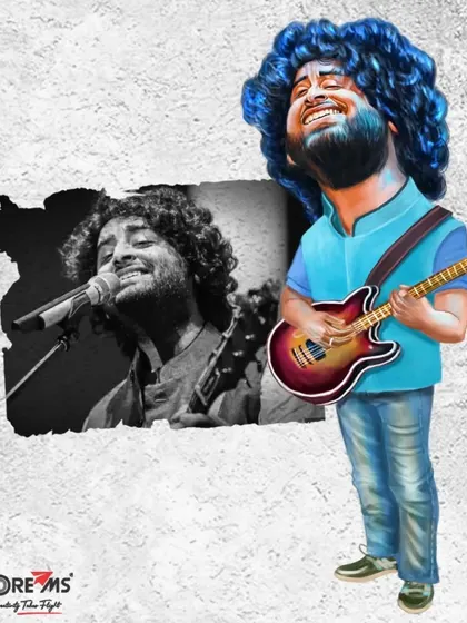 A caricature of the soulful singer Arijit Singh with his guitar.