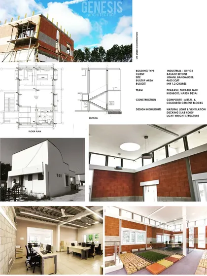 This project board details an industrial office built with composite metal and concrete blocks. The design highlights include a lightweight slab roof and a focus on natural light and ventilation, resulting in a budget-friendly and sustainable workspace.
