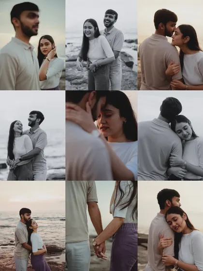A gallery of intimate portraits from a Mumbai seaside shoot. This collage focuses on close-ups and tender moments, highlighting the emotional depth of the couple's relationship.