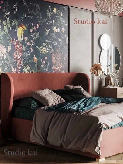 A bold and romantic bedroom concept we created for a client. This 3D render showcases a dramatic floral wallpaper, a rich velvet bed, and metallic accents for a touch of glamour.