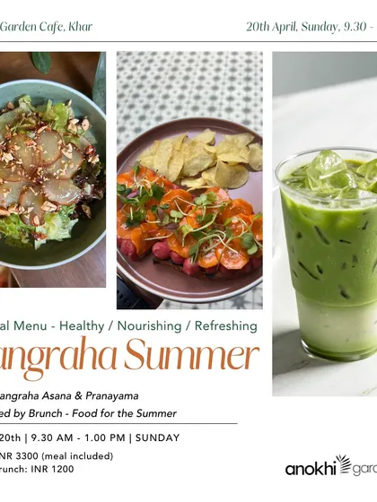 A glimpse of the healthy, nourishing, and refreshing special menu for our Sangraha Summer Yoga & Brunch event, featuring salads and iced matcha.