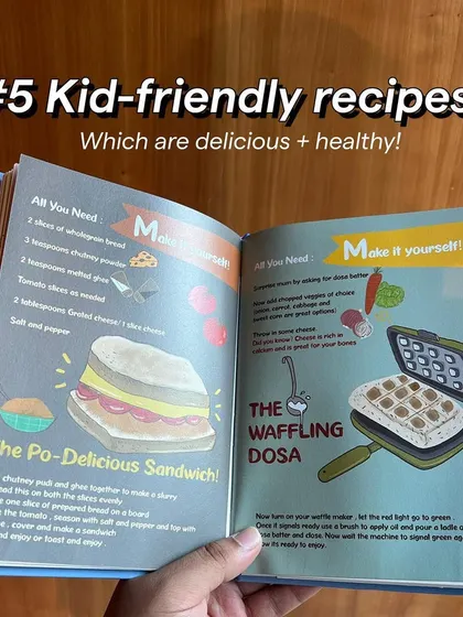 The journal includes kid-friendly recipes like 'The Waffling Dosa' that are both delicious and healthy. Cooking together is a great way to build a positive relationship with food.