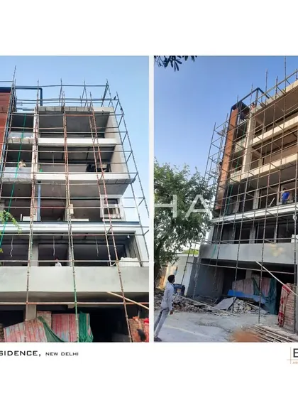 The 101 Residence in New Delhi during the construction phase. These images document the progress on-site, showing the structural framework that will soon support the finished modern facade.