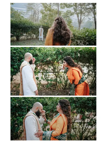 An emotional "first look" sequence. This collage shows the groom's tearful reaction as his bride approaches and gently wipes his tears, a truly touching and real moment.
